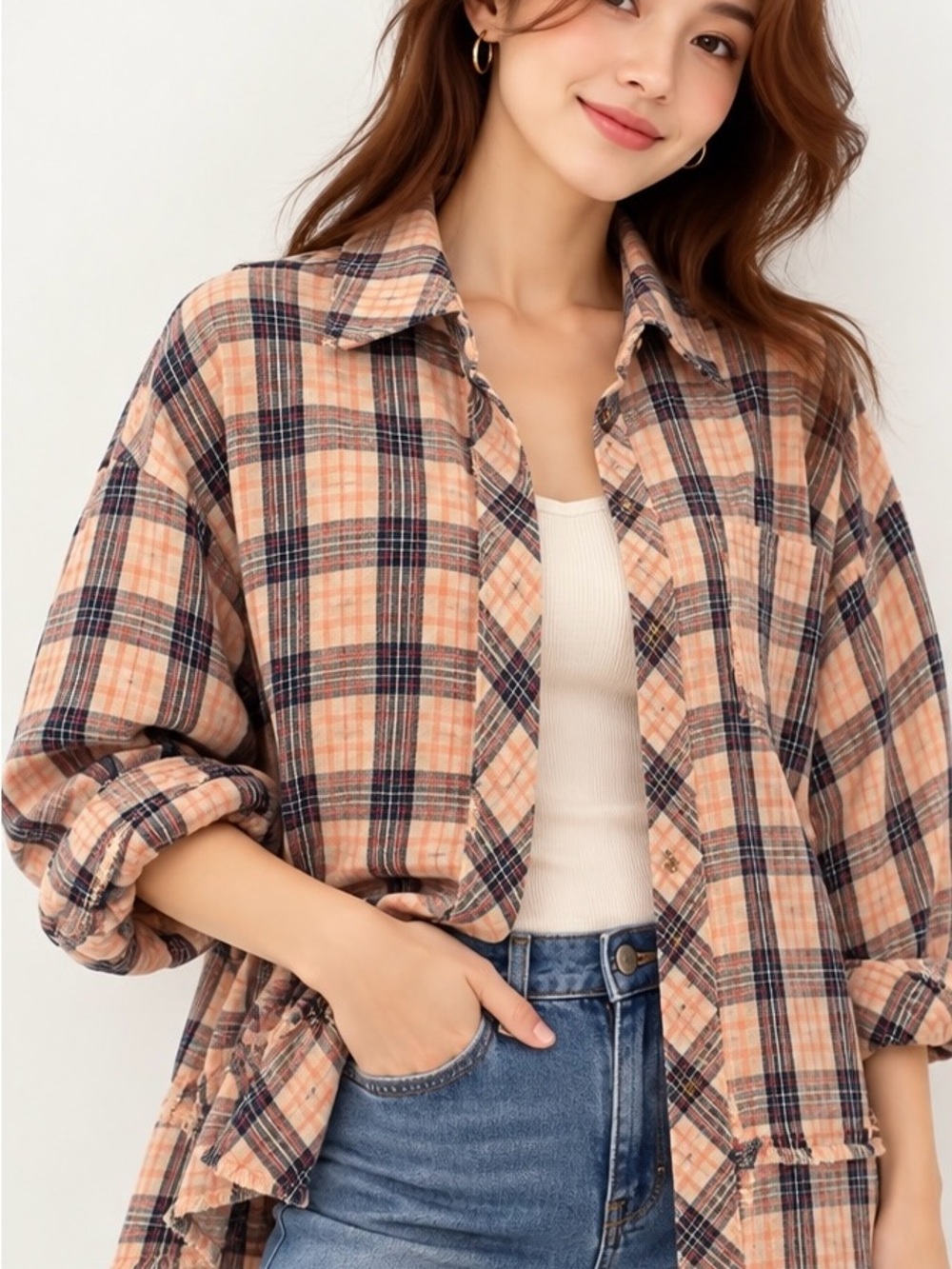 Easel Plaid Layered Button-Up Shirt – Peach & Navy – Boho Oversized Style